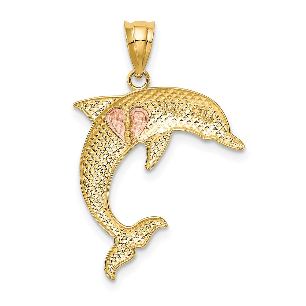 Alternate view of the 14k Yellow and Rose Gold, Two Tone Dolphin with Heart Pendant by The Black Bow Jewelry Co.