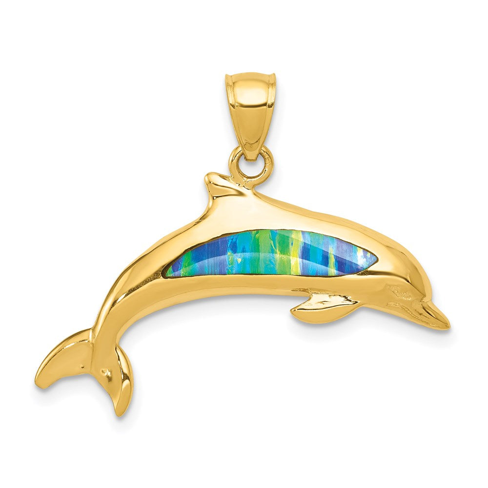 14k Yellow Gold &amp; Imitation Opal Dolphin Pendant, Item P9896 by The Black Bow Jewelry Co.