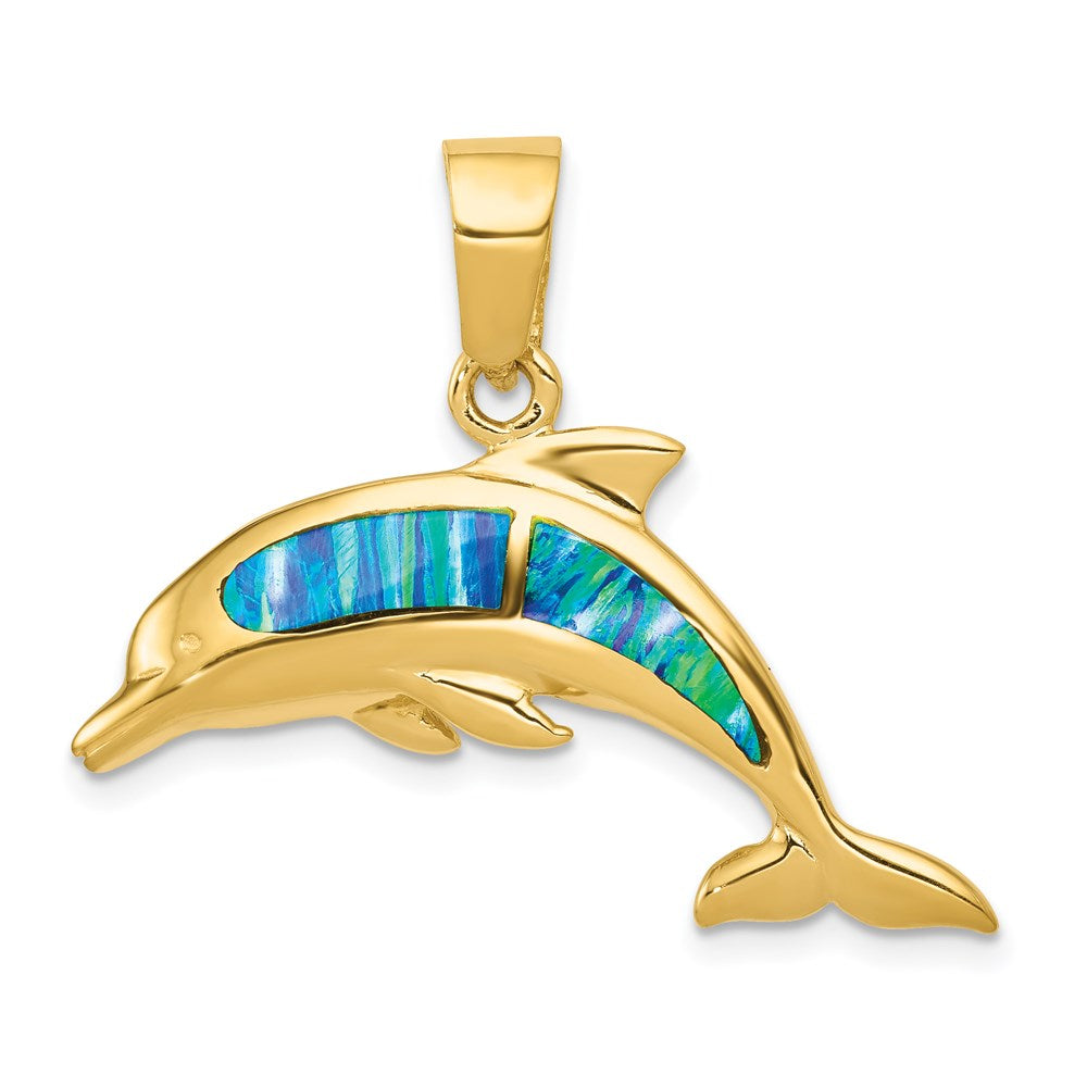 14k Yellow Gold and Imitation Opal Dolphin Pendant, Item P9897 by The Black Bow Jewelry Co.