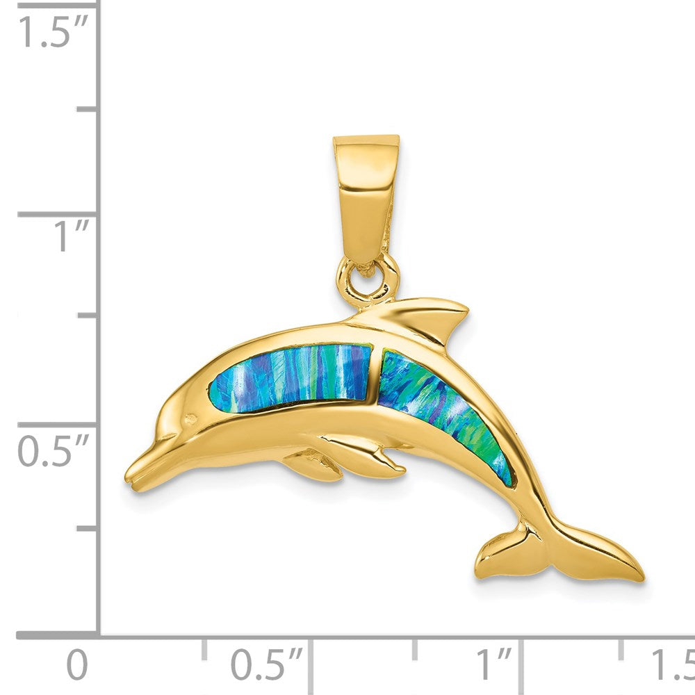 Alternate view of the 14k Yellow Gold and Imitation Opal Dolphin Pendant by The Black Bow Jewelry Co.