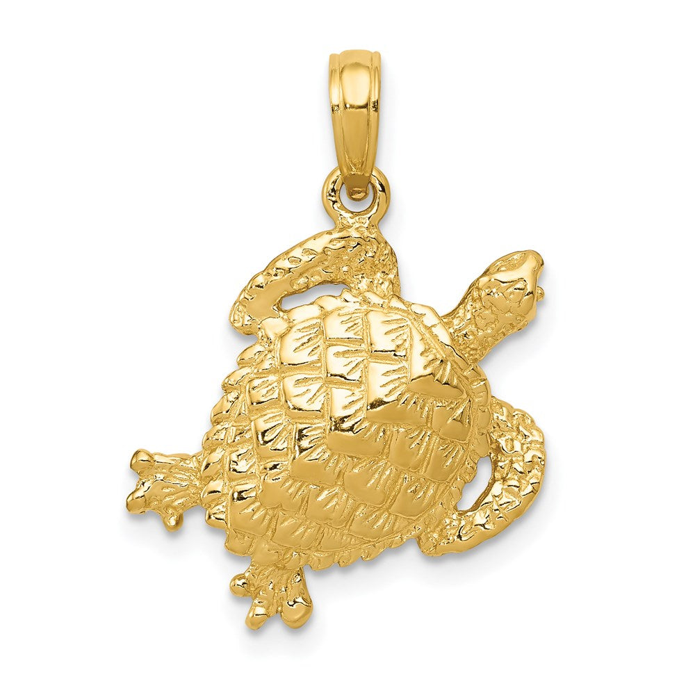 14k Yellow Gold 18mm Textured Sea Turtle Pendant, Item P9921 by The Black Bow Jewelry Co.