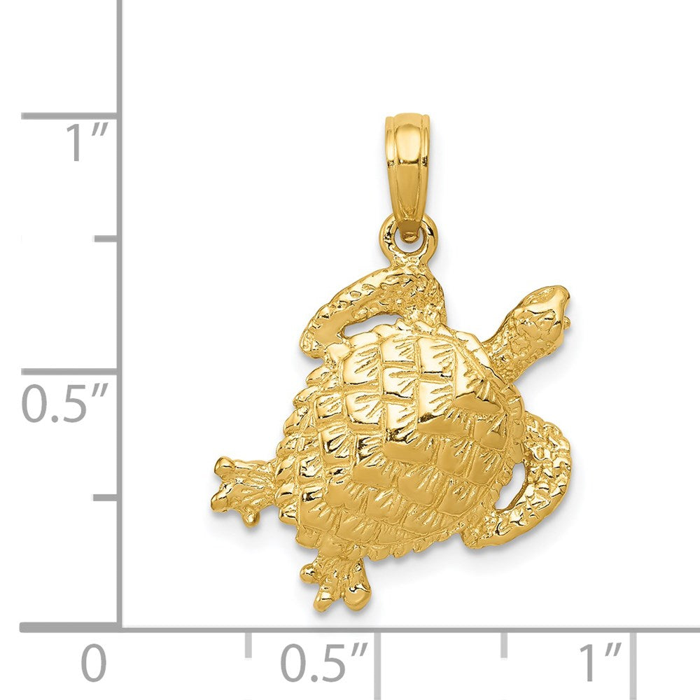 Alternate view of the 14k Yellow Gold 18mm Textured Sea Turtle Pendant by The Black Bow Jewelry Co.