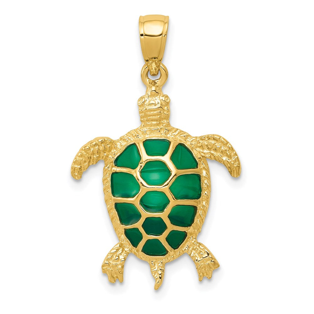 14k Yellow Gold Green Translucent Acrylic Sea Turtle Pendant, Item P9935 by The Black Bow Jewelry Co.