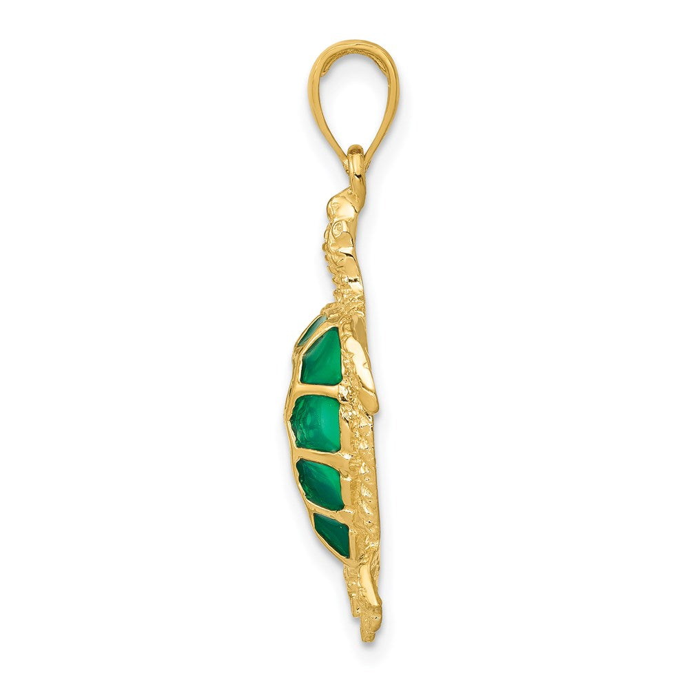 Alternate view of the 14k Yellow Gold Green Translucent Acrylic Sea Turtle Pendant by The Black Bow Jewelry Co.