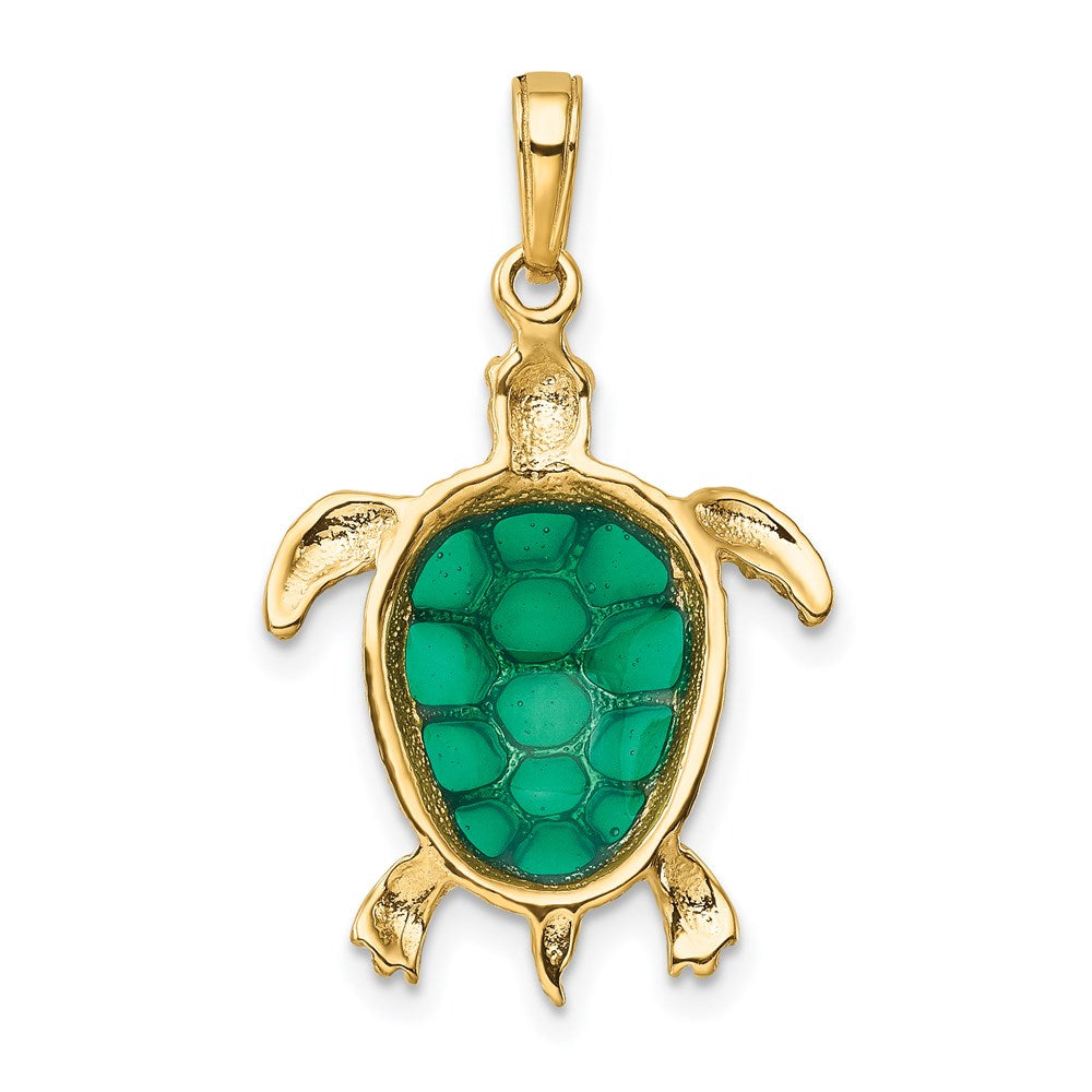 Alternate view of the 14k Yellow Gold Green Translucent Acrylic Sea Turtle Pendant by The Black Bow Jewelry Co.