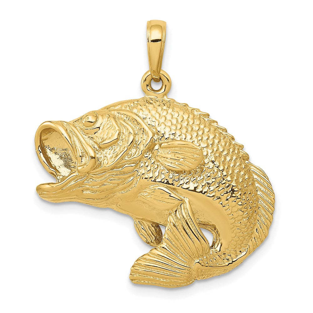 14k Yellow Gold Jumping Bass Fish Pendant, Item P9943 by The Black Bow Jewelry Co.
