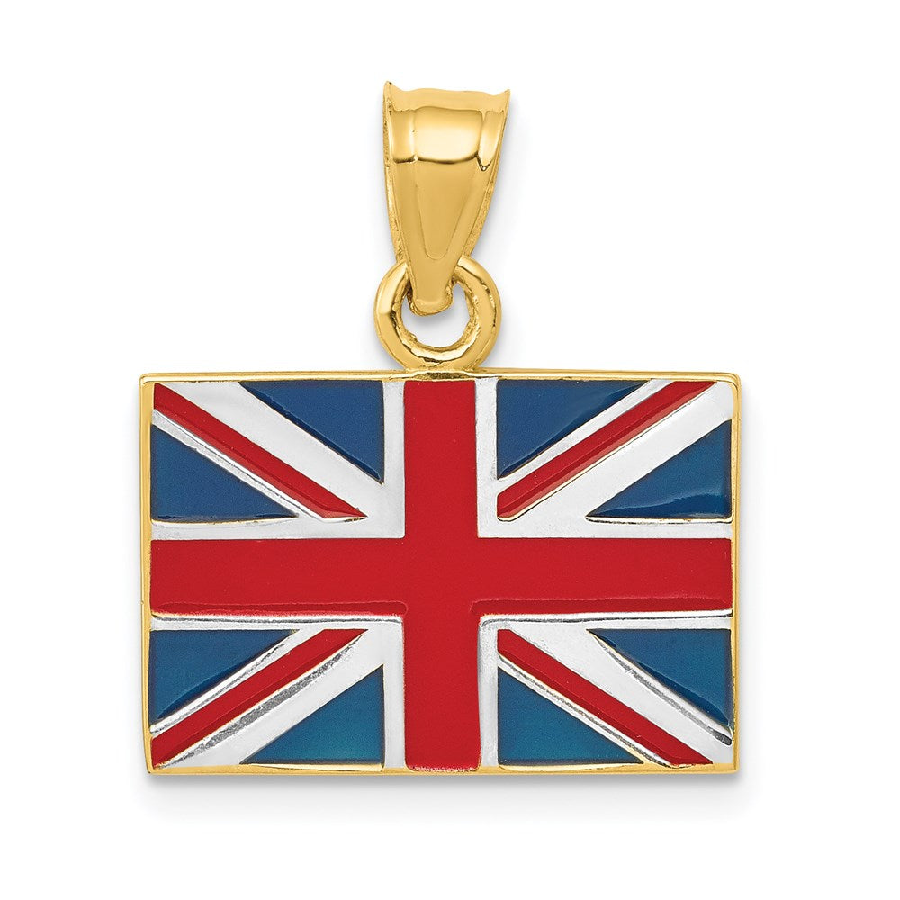 14k Yellow Gold, White Rhodium and Enamel United Kingdom Flag Pendant, Item P9976 by The Black Bow Jewelry Co.