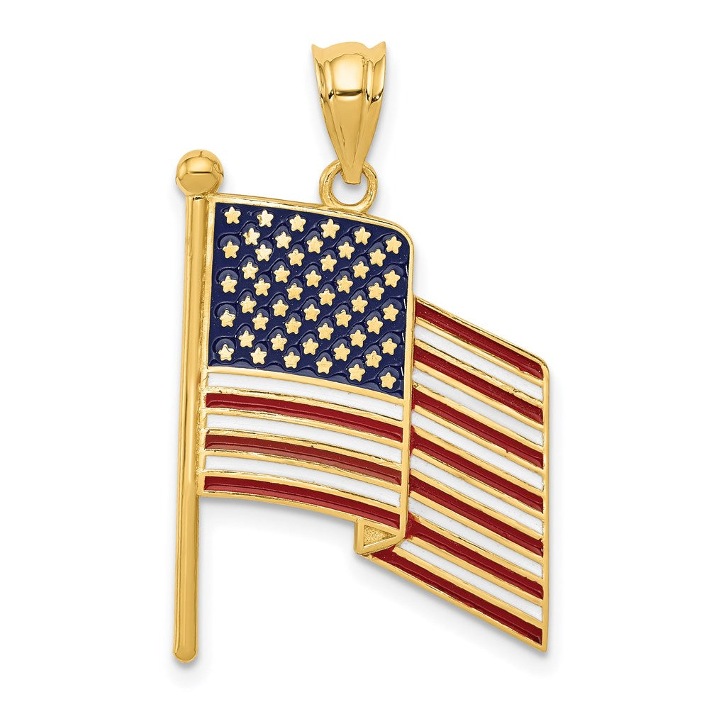 14k Yellow Gold Enameled Waving American Flag Pendant, Item P9982 by The Black Bow Jewelry Co.