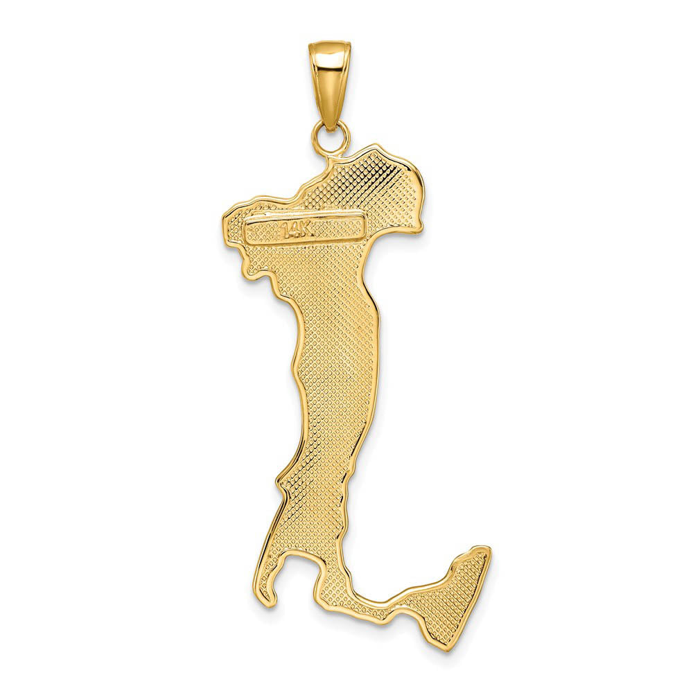 Alternate view of the 14k Yellow Gold Large Textured Italy Map Pendant by The Black Bow Jewelry Co.