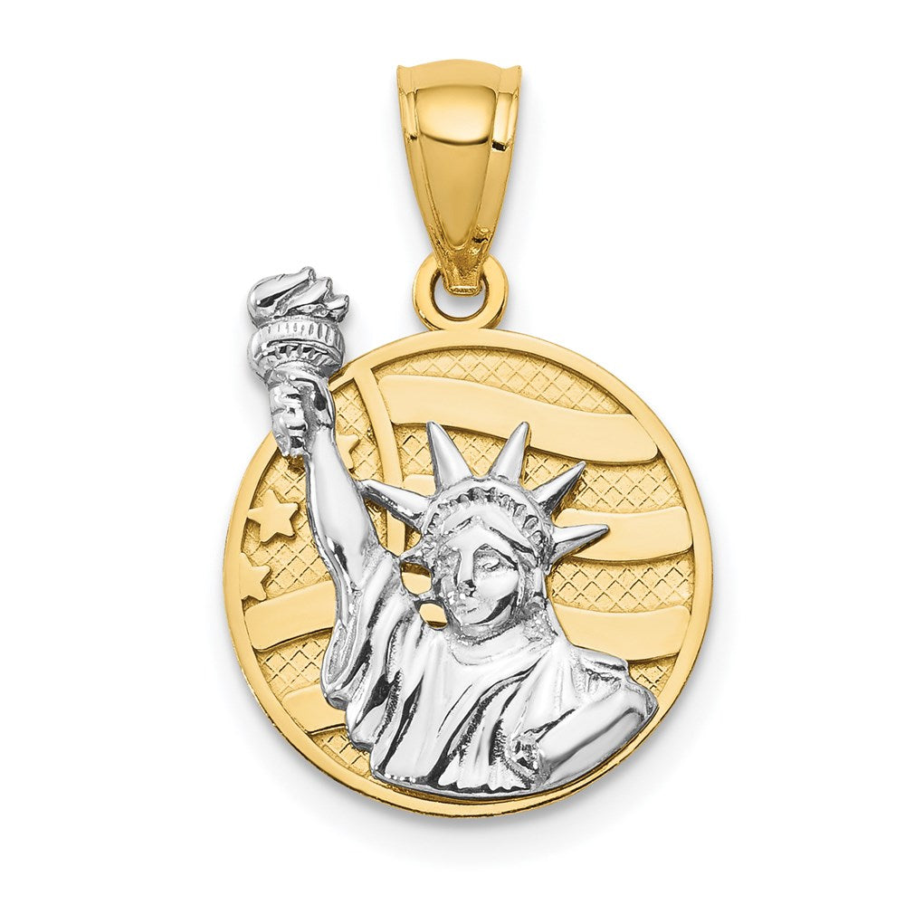 14k Two Tone Gold Lady Liberty American Flag Disc Pendant, Item P9996 by The Black Bow Jewelry Co.