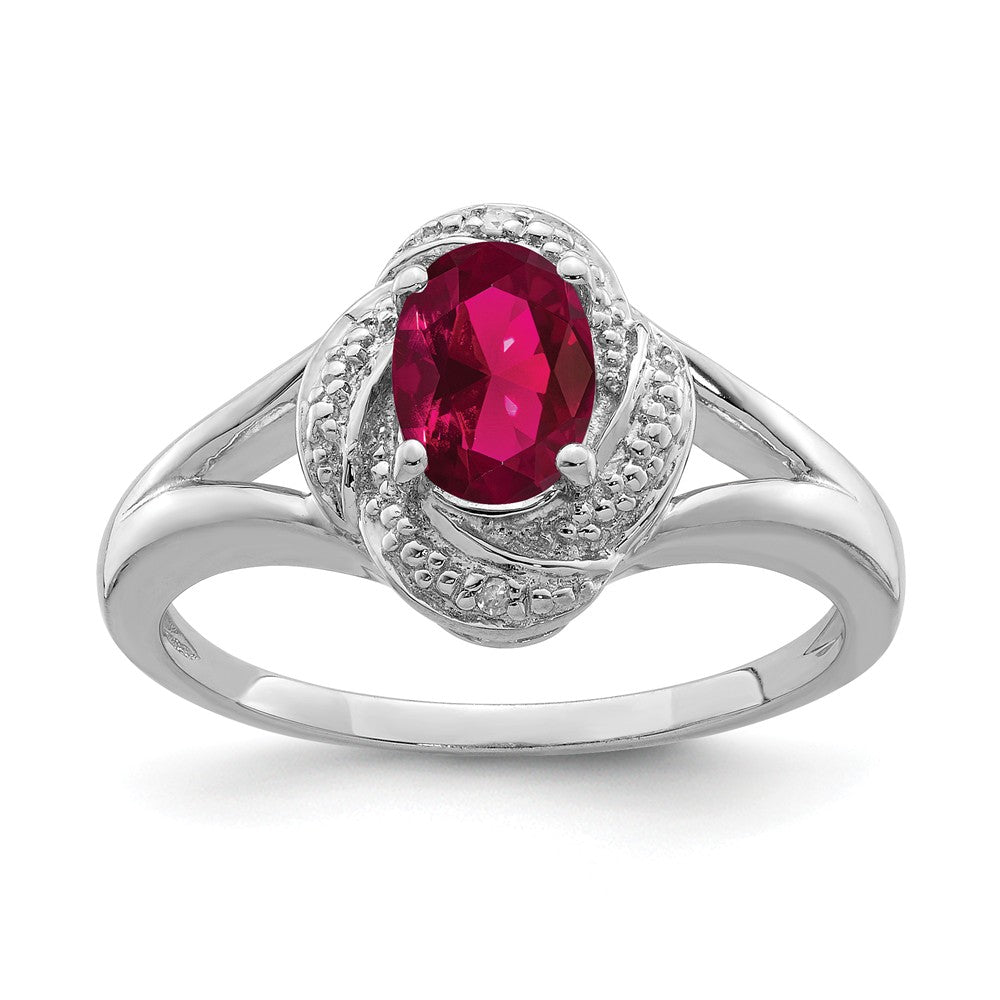 Sterling Silver .01 Ctw (H-I, I2-I3) Diamond & Oval Created Ruby Ring, Item R10016 by The Black Bow Jewelry Co.