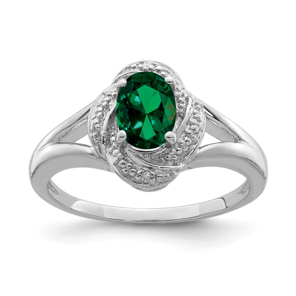 Sterling Silver .01 Ctw Diamond & Oval Created Emerald Ring, Item R10019 by The Black Bow Jewelry Co.