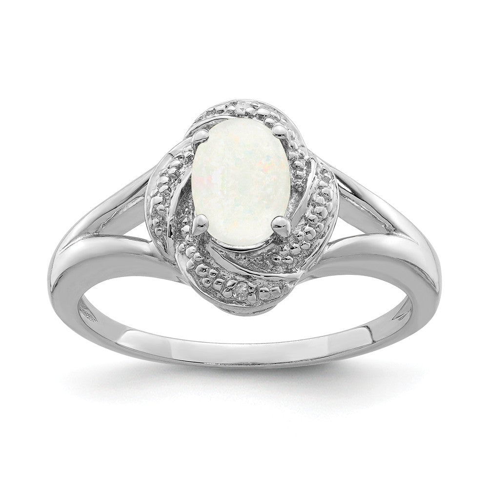 Sterling Silver .01 Ctw (H-I, I2-13) Diamond & Oval Created Opal Ring, Item R10021 by The Black Bow Jewelry Co.