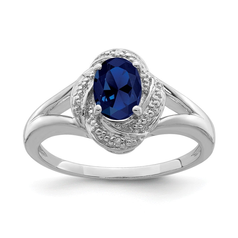 Sterling Silver .01 Ctw Diamond & Oval Created Sapphire Ring, Item R10022 by The Black Bow Jewelry Co.