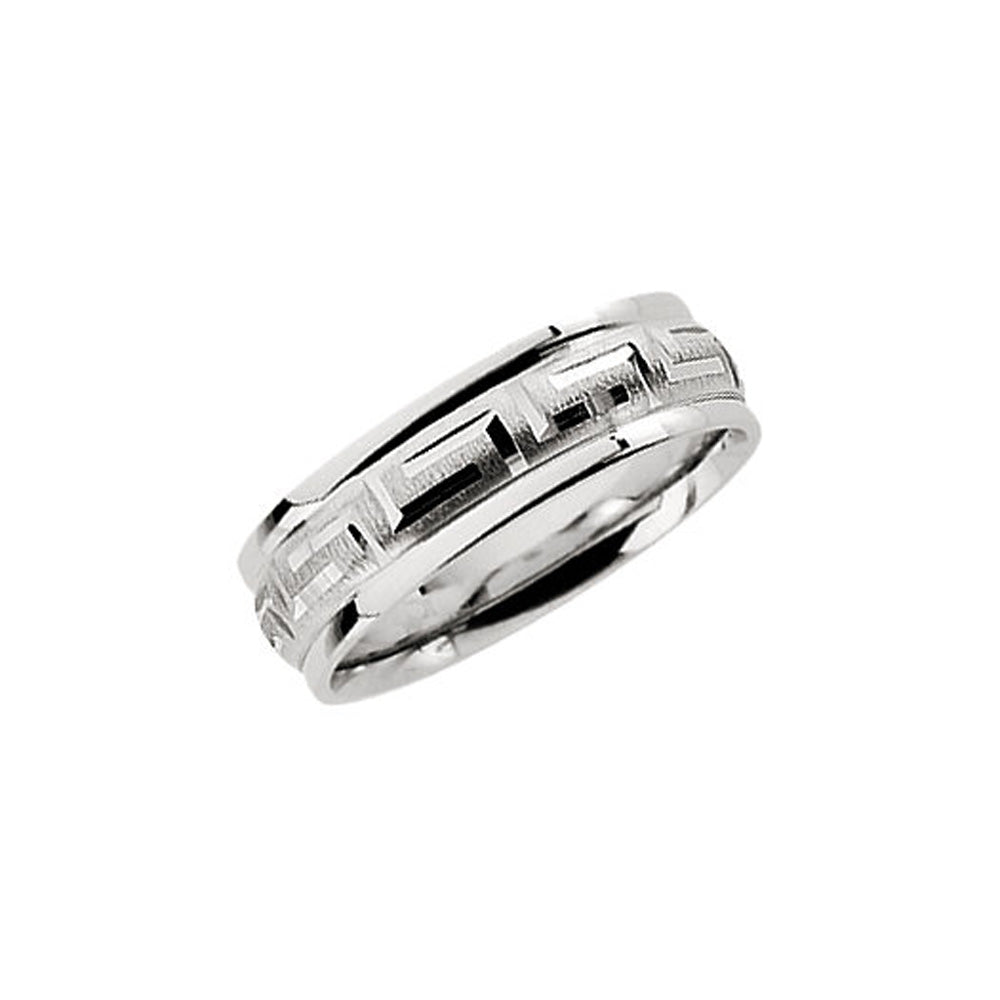 7mm Greek Key Comfort Fit Band in 14k White Gold, Item R10239 by The Black Bow Jewelry Co.