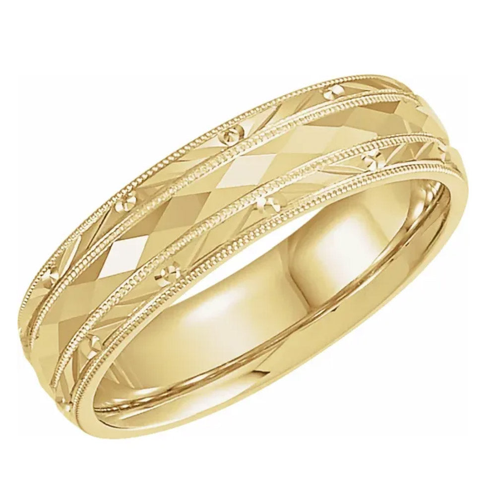 6mm Carved Designer Comfort Fit Band in 14k Yellow Gold