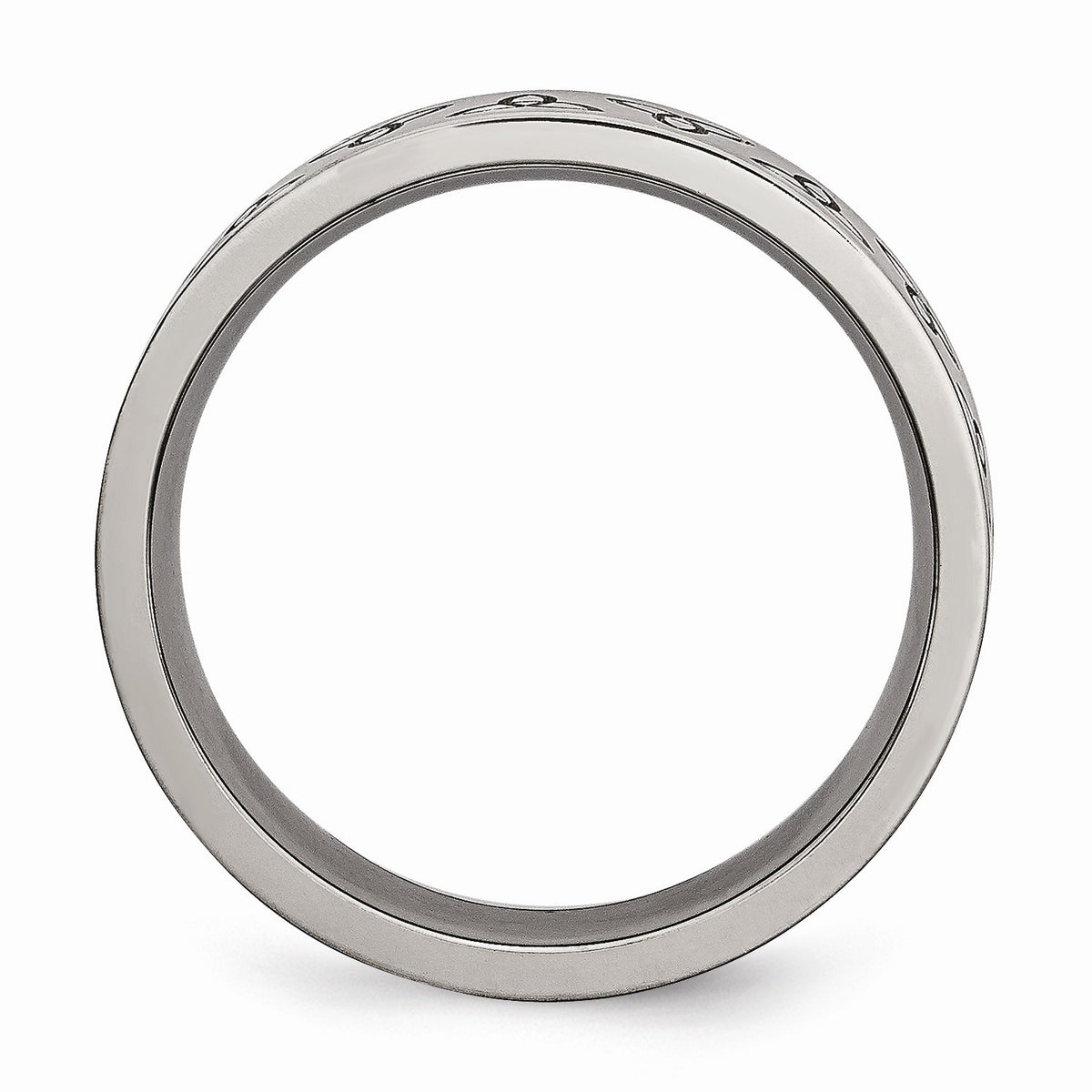 Alternate view of the 6mm Engraved Trinity Symbol Flat Band in Brushed Titanium by The Black Bow Jewelry Co.