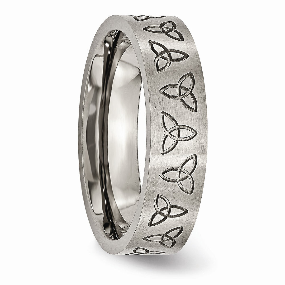 Alternate view of the 6mm Engraved Trinity Symbol Flat Band in Brushed Titanium by The Black Bow Jewelry Co.