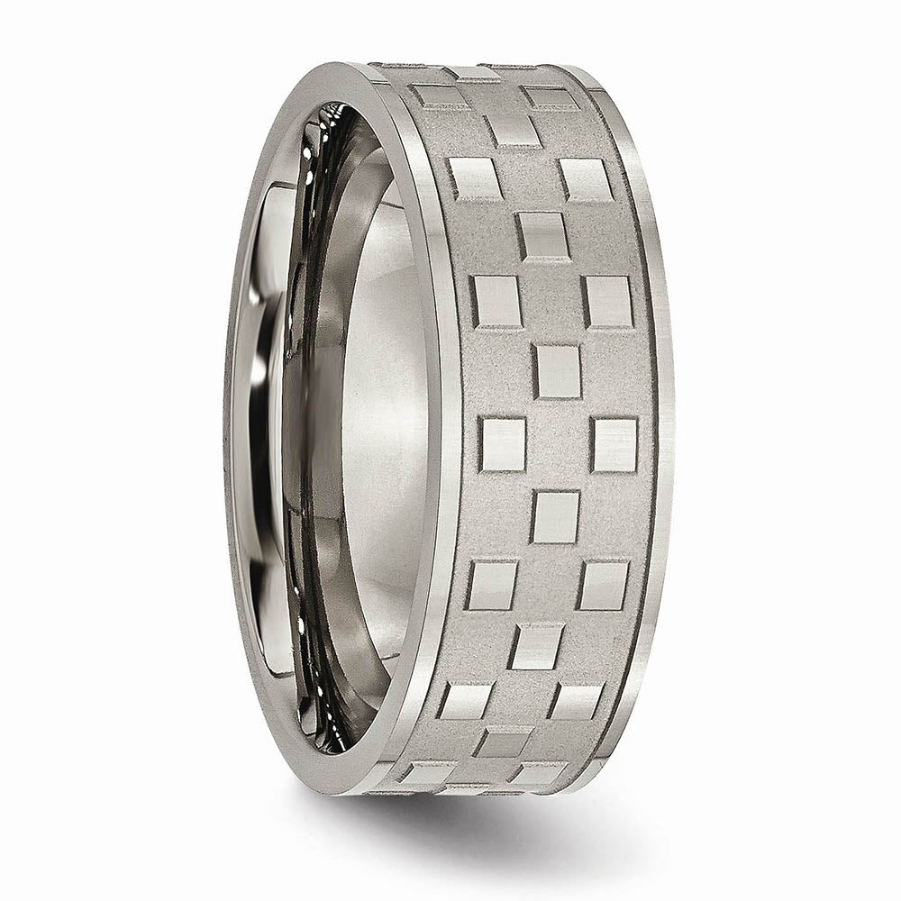 Alternate view of the Titanium 8mm Satin and Polished Checkered Comfort Fit Band by The Black Bow Jewelry Co.