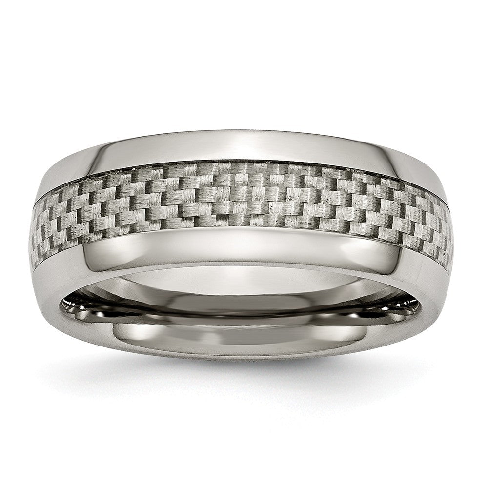 8mm Titanium and Gray Carbon Fiber Domed Comfort Fit Band, Item R10386 by The Black Bow Jewelry Co.
