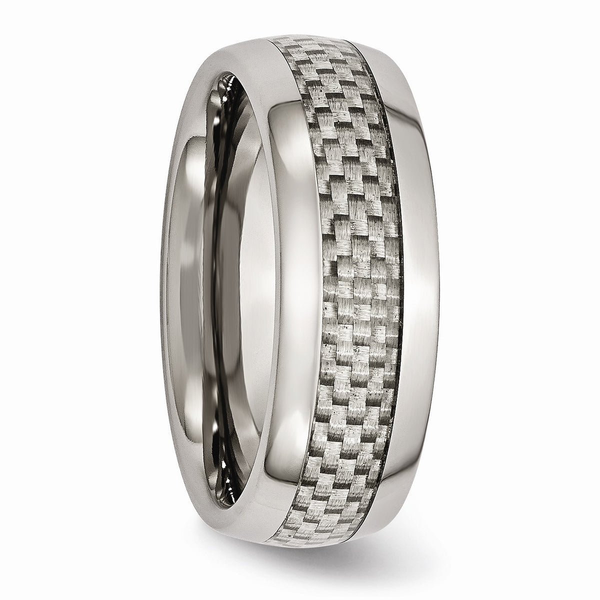 Alternate view of the 8mm Titanium and Gray Carbon Fiber Domed Comfort Fit Band by The Black Bow Jewelry Co.