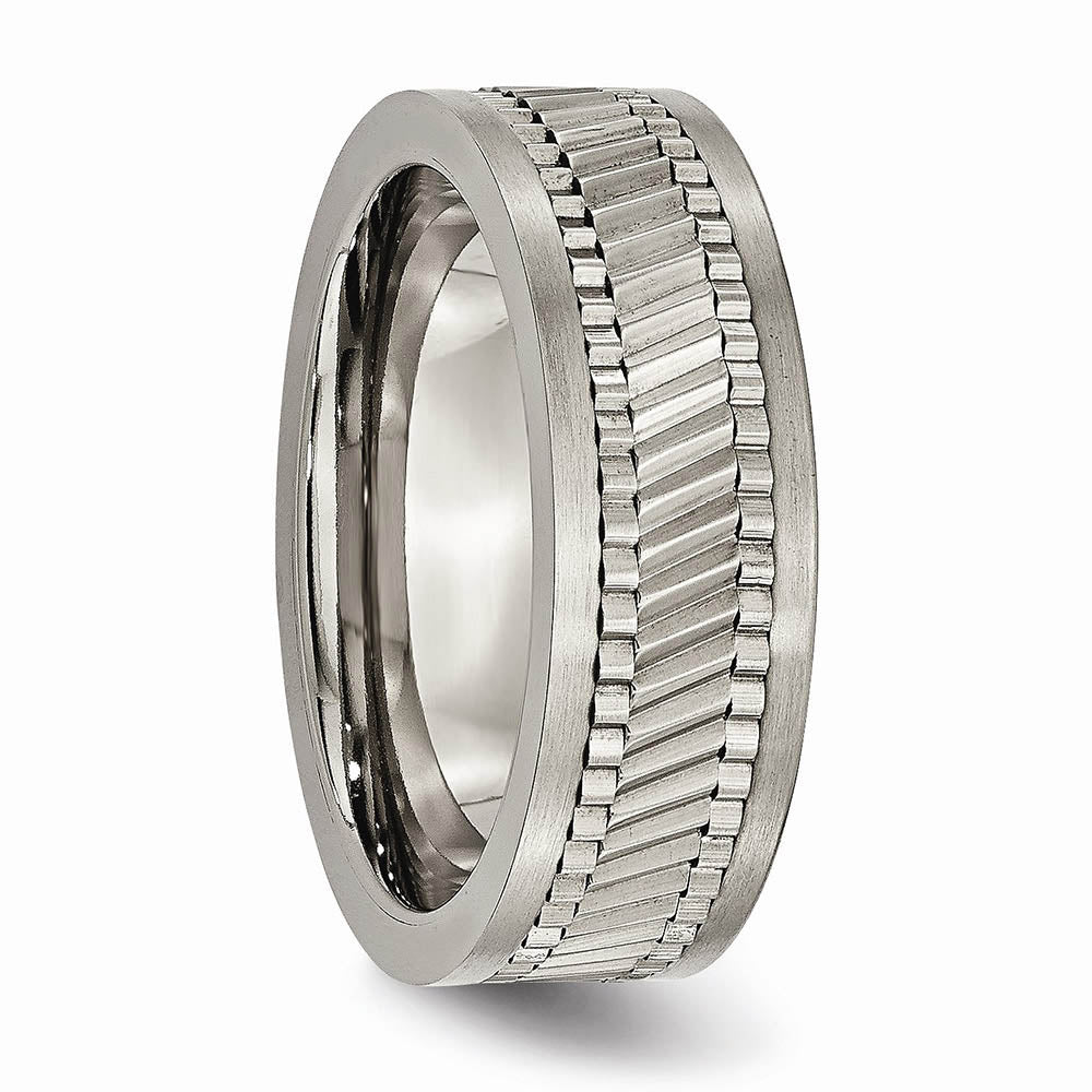 Alternate view of the 8mm Titanium Sawtooth Design Flat Band Size 7 by The Black Bow Jewelry Co.