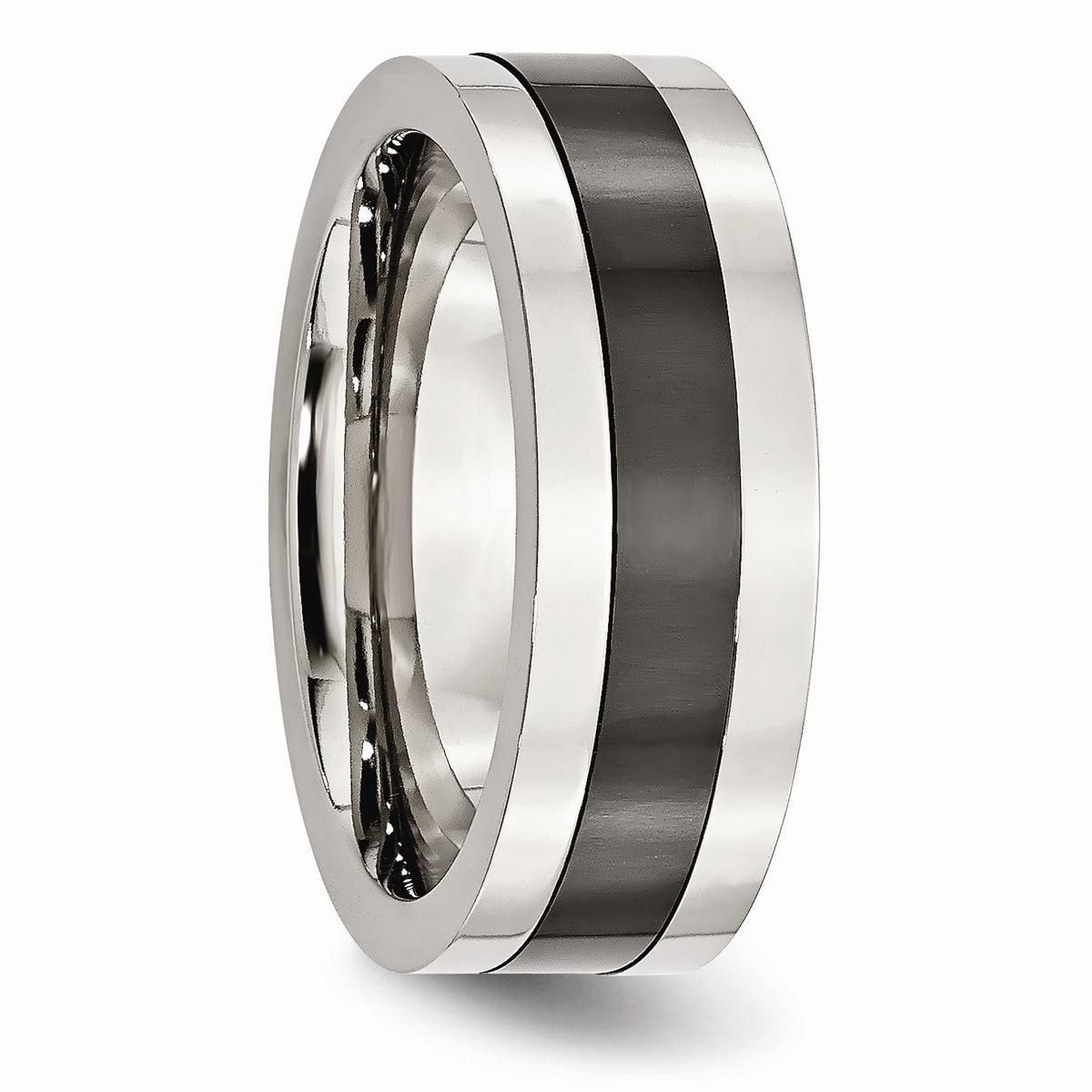 Alternate view of the 8mm Polished Stainless Steel and Black Ceramic Flat Band by The Black Bow Jewelry Co.