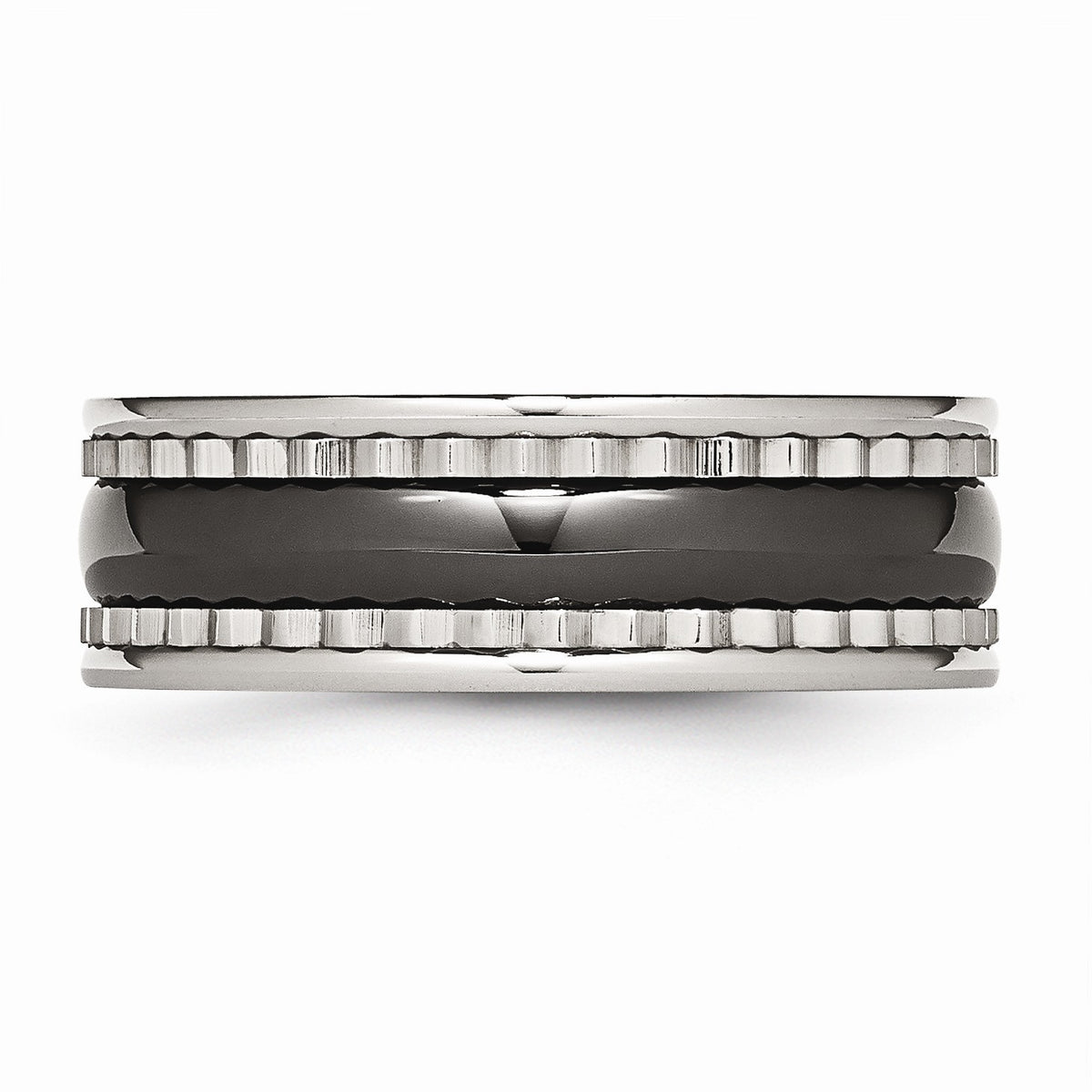 Alternate view of the 8mm Sawtooth Accent Stainless Steel and Black Ceramic Band Size 7 by The Black Bow Jewelry Co.