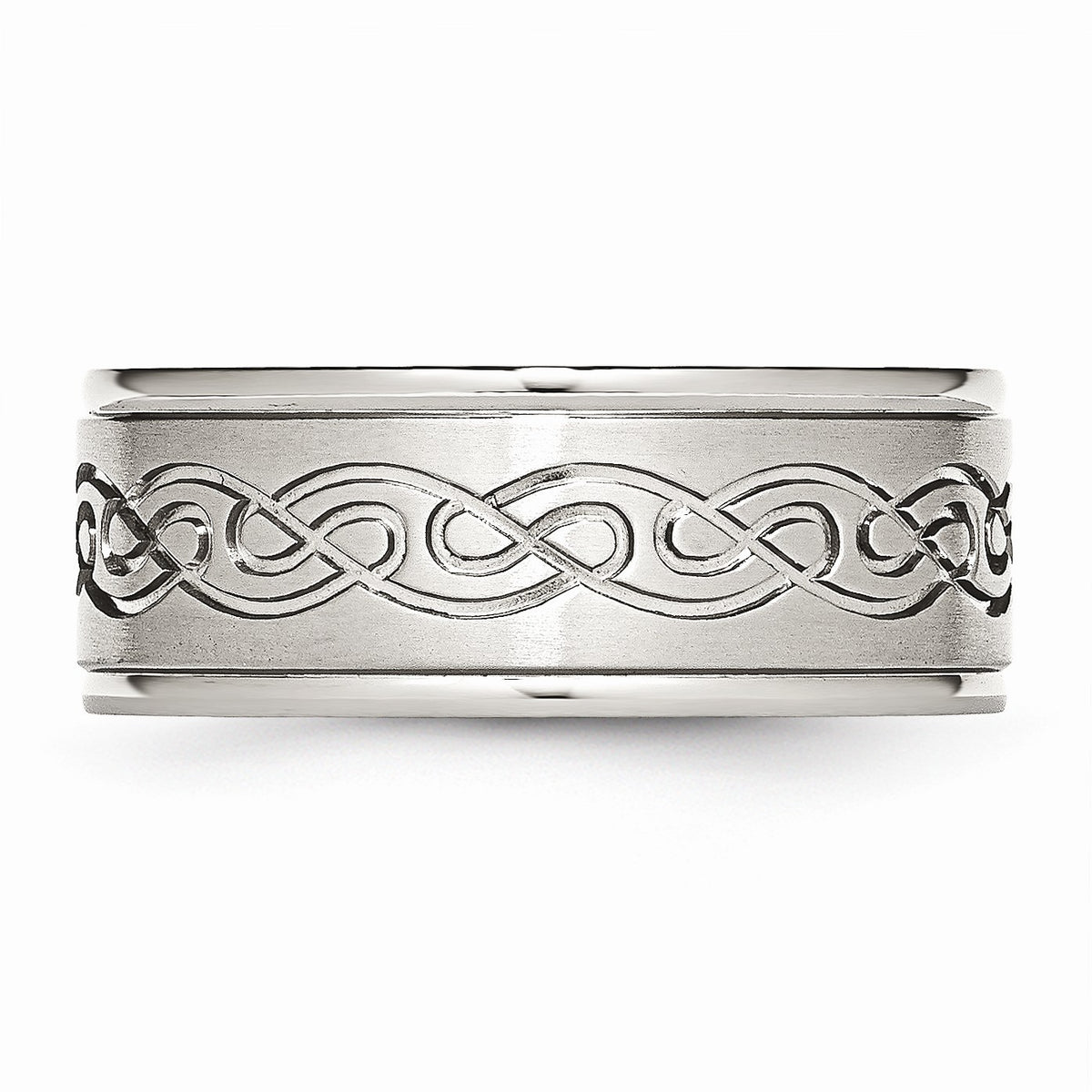 Alternate view of the 9mm Stainless Steel Scroll Design Ridged Edge Comfort Fit Band Size 8 by The Black Bow Jewelry Co.