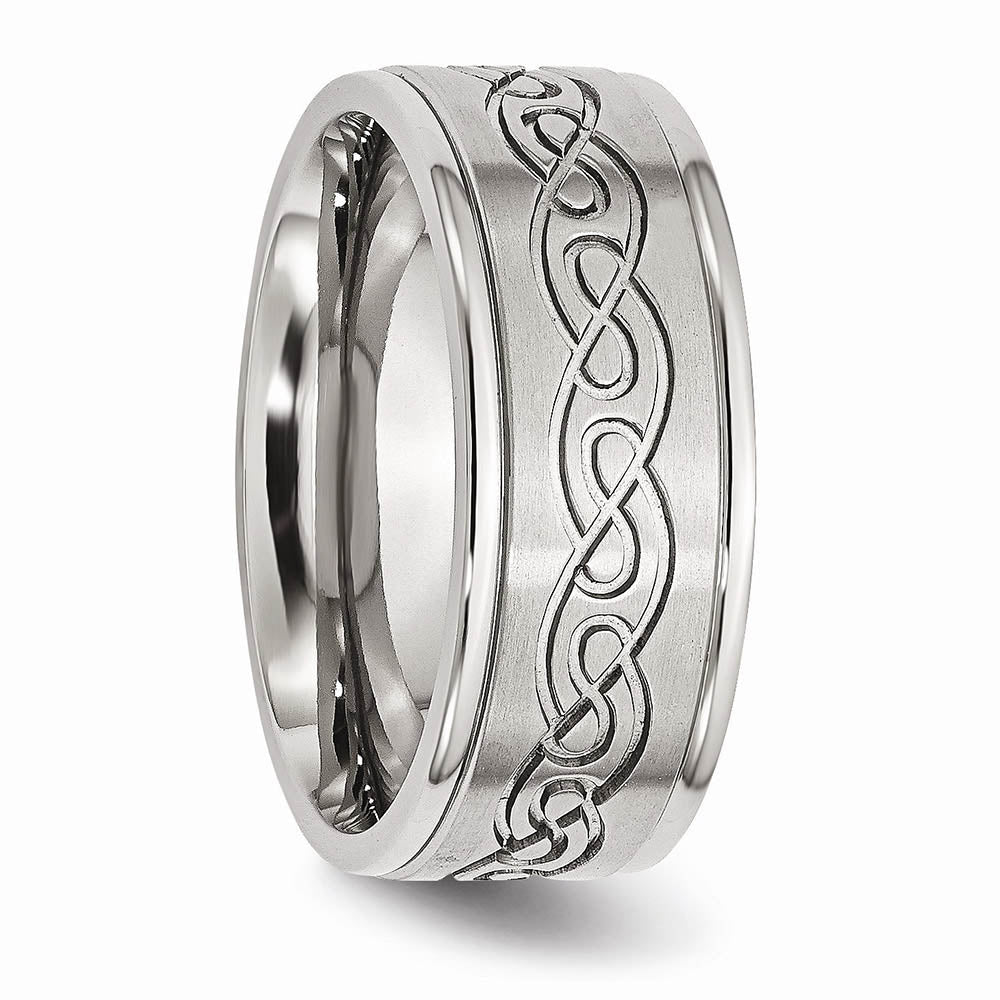 Alternate view of the 9mm Stainless Steel Scroll Design Ridged Edge Comfort Fit Band by The Black Bow Jewelry Co.