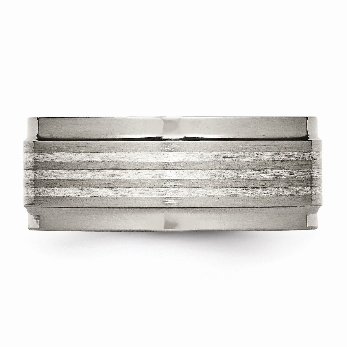 Alternate view of the 9mm Ridged Edge Striped Band in Titanium and Sterling Silver by The Black Bow Jewelry Co.