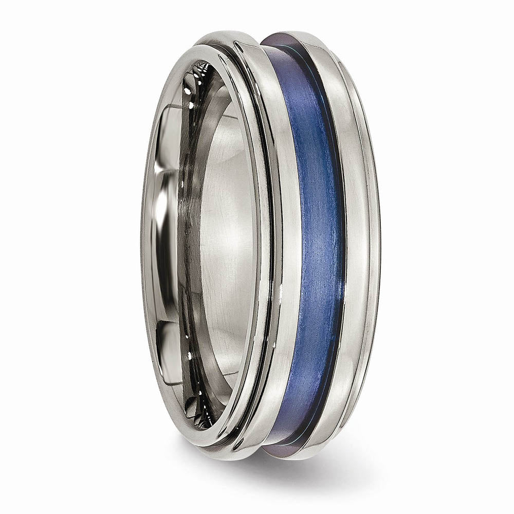 Alternate view of the 8mm Titanium Blue Groove Ridged Edge Polished Band Size 7 by The Black Bow Jewelry Co.