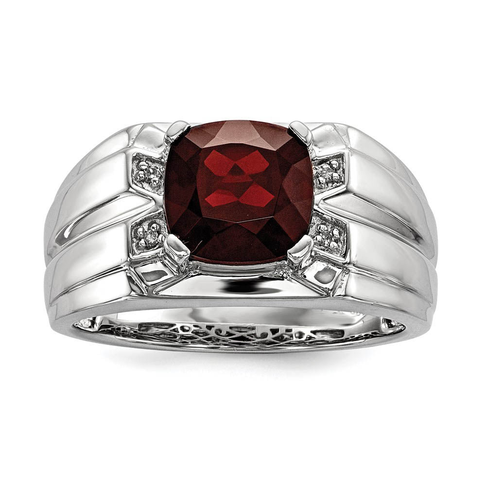 Cushion Cut Garnet &amp; Diamond Tapered Ring in Sterling Silver, Item R10616 by The Black Bow Jewelry Co.