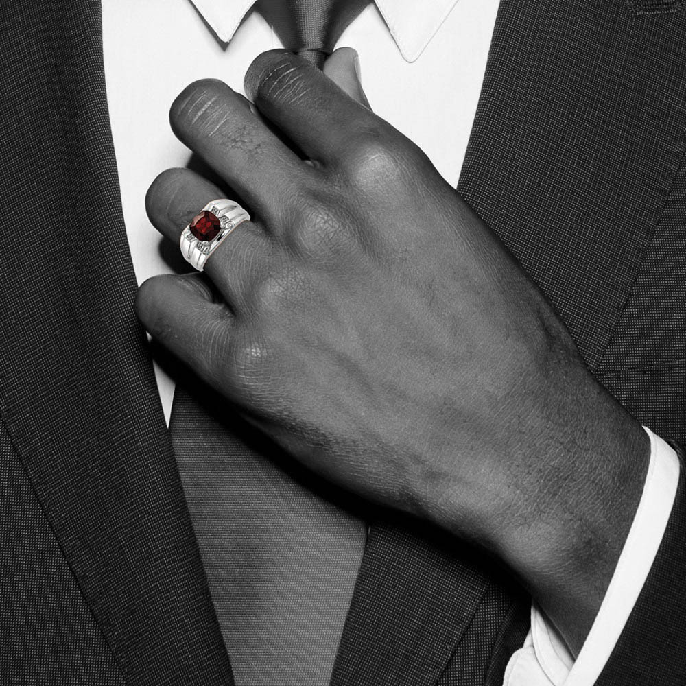 Alternate view of the Cushion Cut Garnet & Diamond Tapered Ring in Sterling Silver by The Black Bow Jewelry Co.