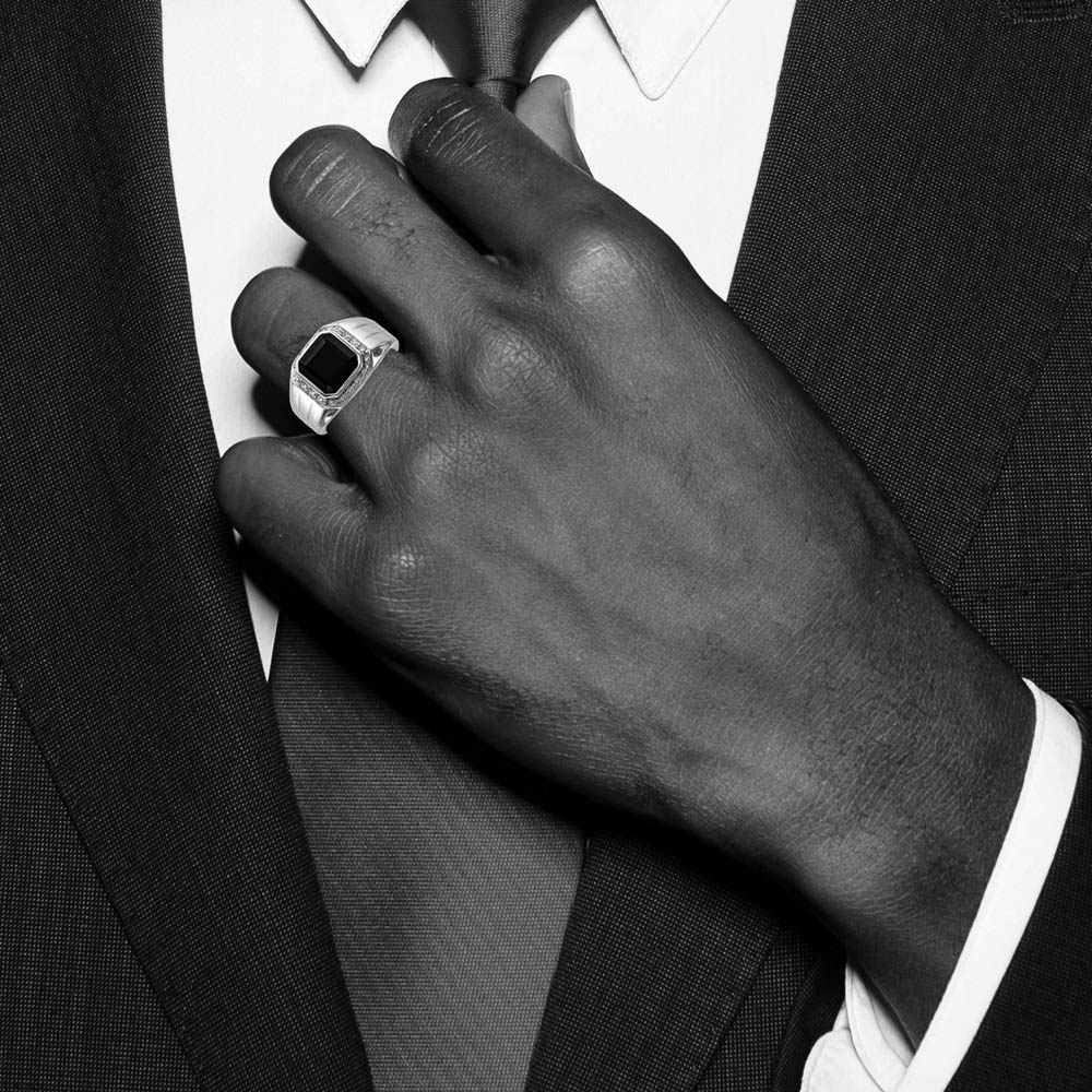 Alternate view of the Diamond & Black Onyx Octagon 16mm Tapered Ring in Sterling Silver by The Black Bow Jewelry Co.