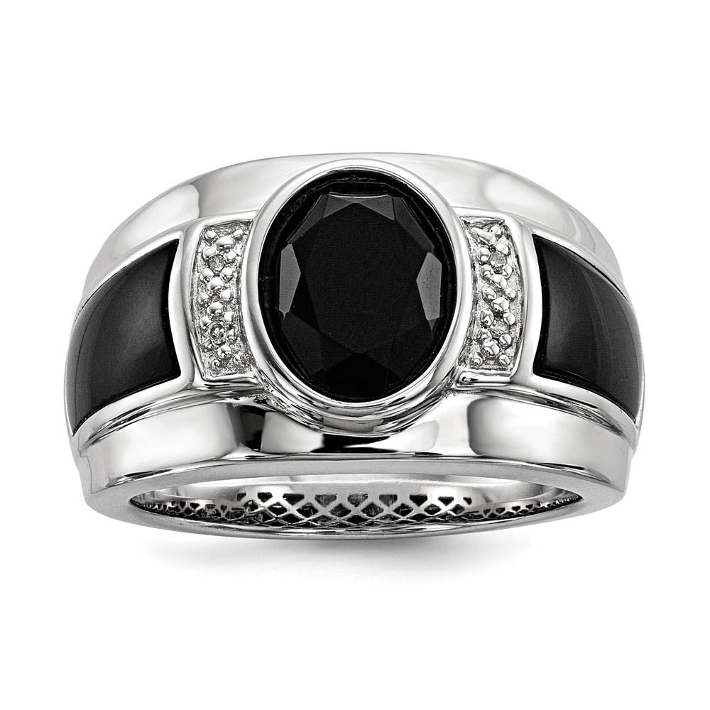 Diamond & Oval Black Onyx 13mm Tapered Ring in Sterling Silver, Item R10629 by The Black Bow Jewelry Co.