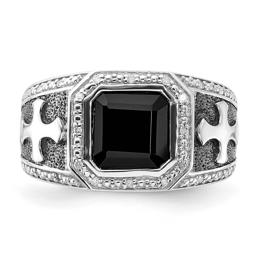 Alternate view of the Onyx & Diamond Octagon & Cross Tapered Ring in Sterling Silver Size 9 by The Black Bow Jewelry Co.