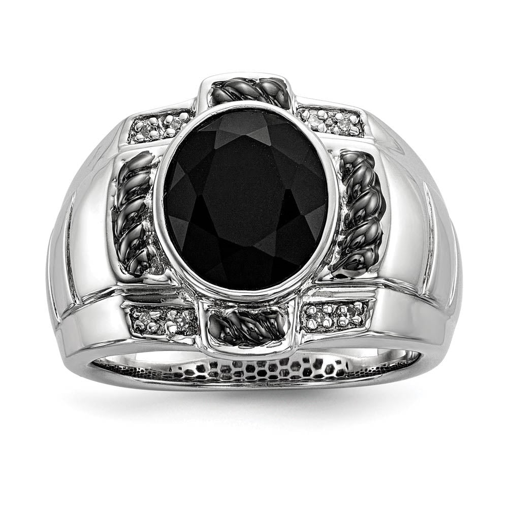 Oval Black Onyx & Diamond Two Tone Sterling Silver Tapered Ring, Item R10640 by The Black Bow Jewelry Co.