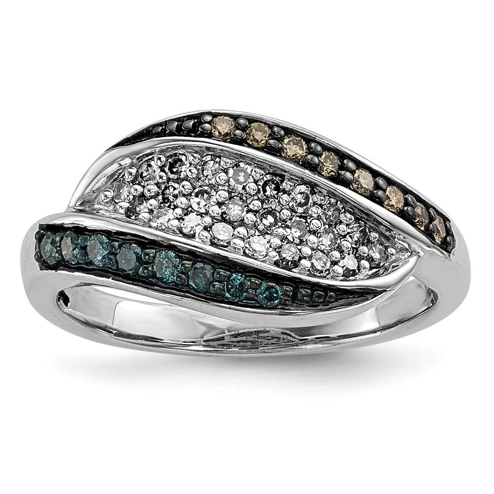 White, Champagne & Blue Diamond Fancy Swirl Sterling Silver Ring