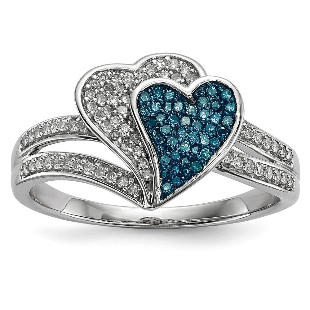 1/3 Ctw Blue &amp; White Diamond Double Heart Ring in Sterling Silver, Item R10683 by The Black Bow Jewelry Co.