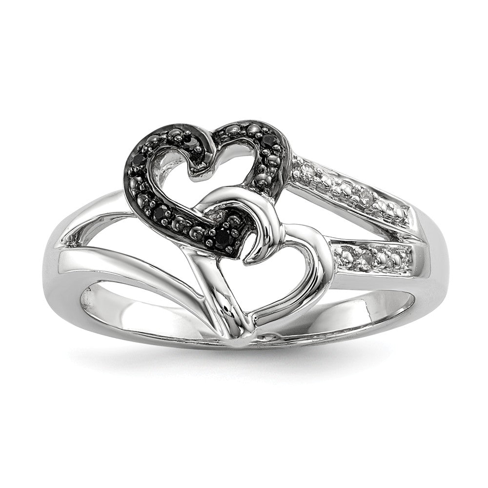 Black & White Diamond Double Heart Tapered Ring in Sterling Silver, Item R10775 by The Black Bow Jewelry Co.