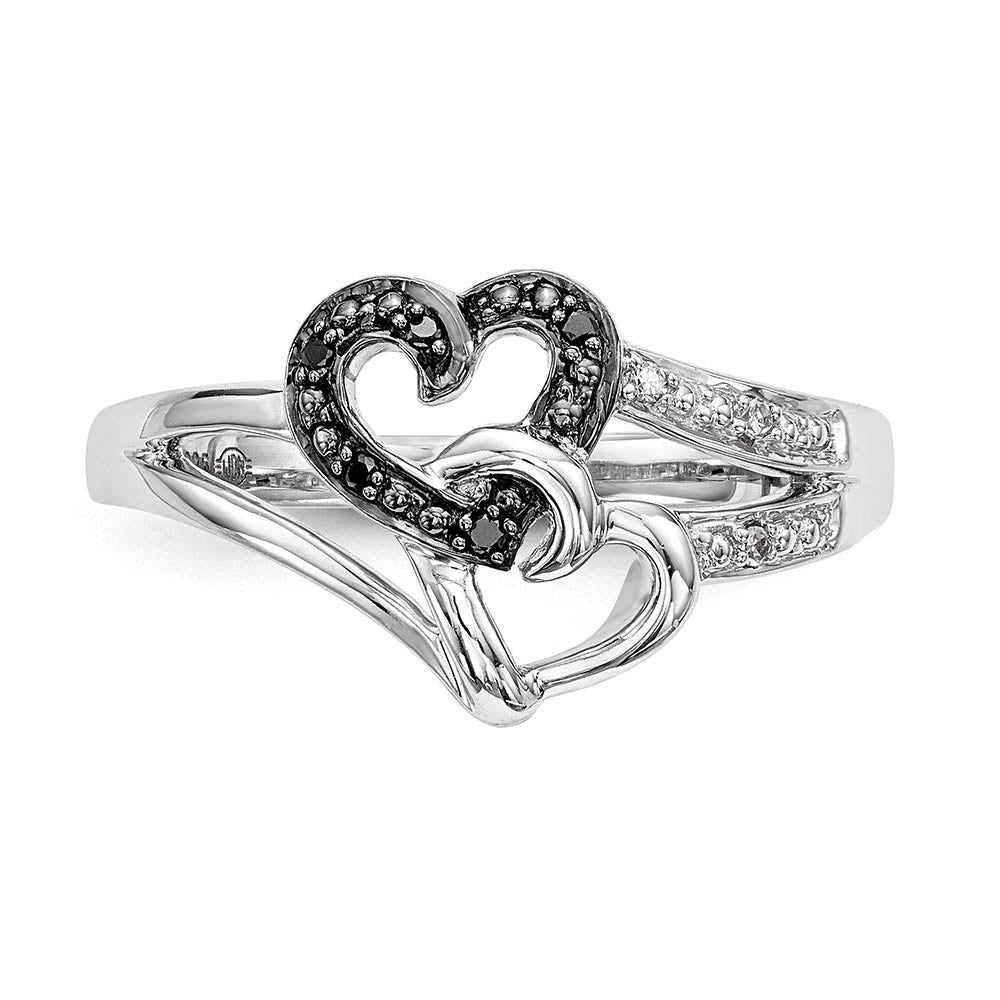 Alternate view of the Black & White Diamond Double Heart Tapered Ring in Sterling Silver by The Black Bow Jewelry Co.