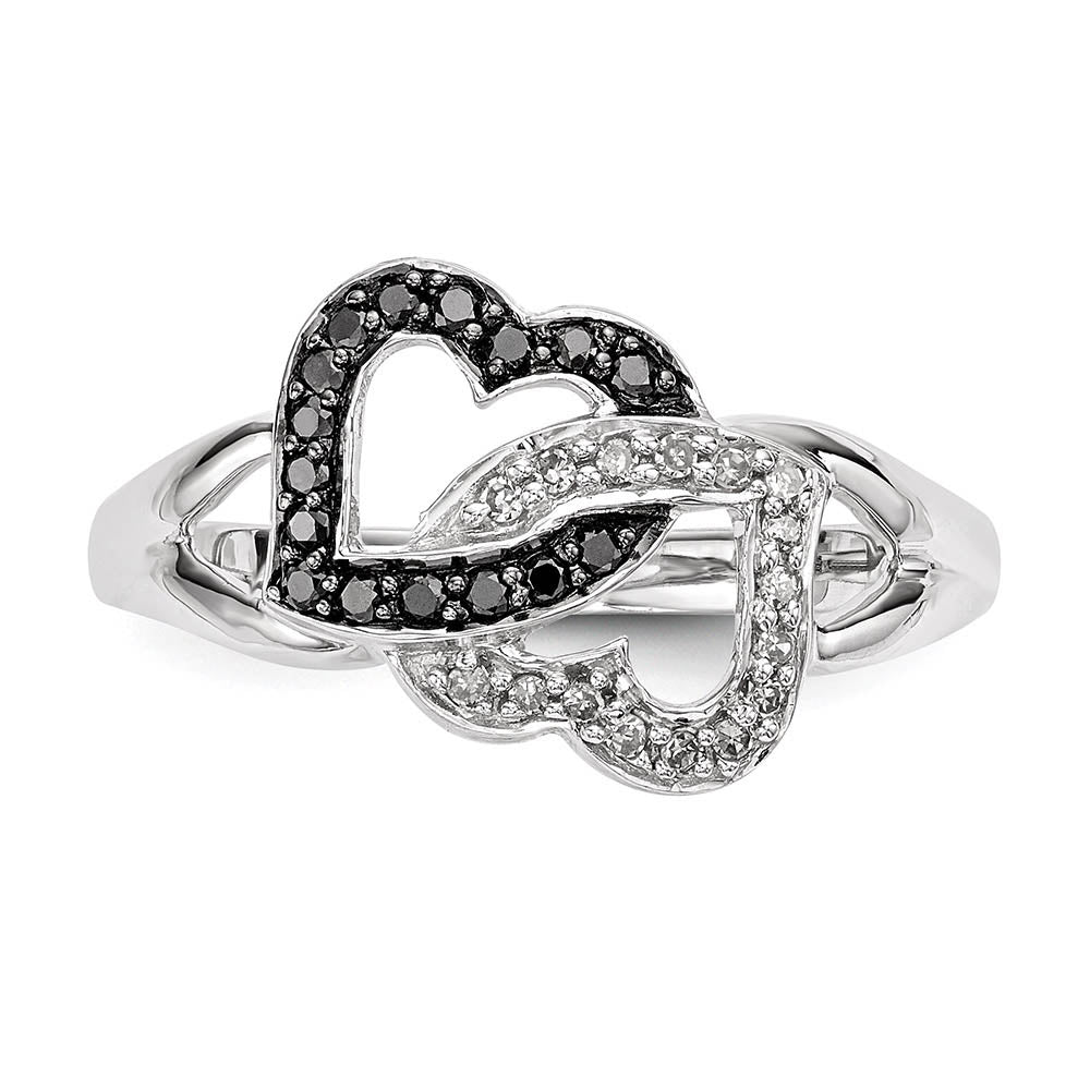 Alternate view of the 1/8 Ctw Black & White Diamond Double Heart Ring in Sterling Silver by The Black Bow Jewelry Co.