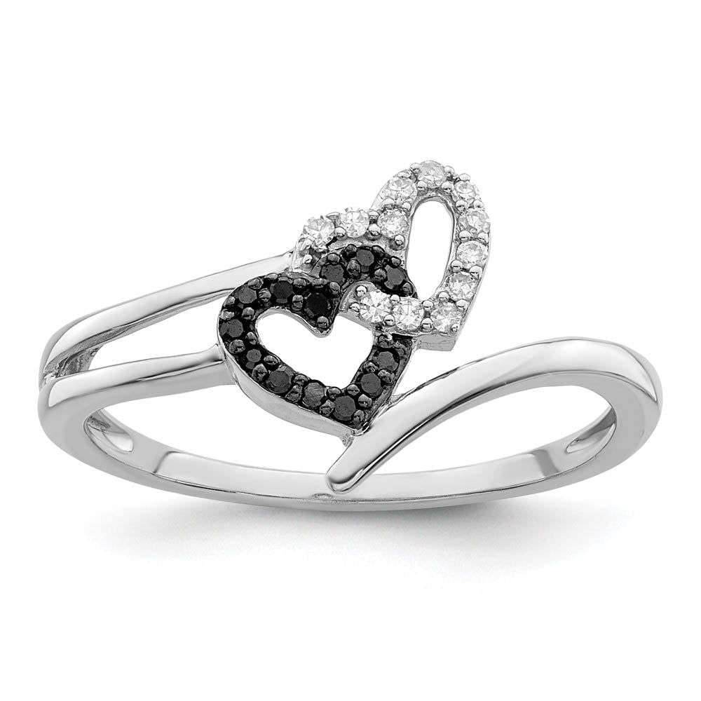 1/10 Ctw White & Black Diamond Double Heart Ring in Sterling Silver, Item R10780 by The Black Bow Jewelry Co.