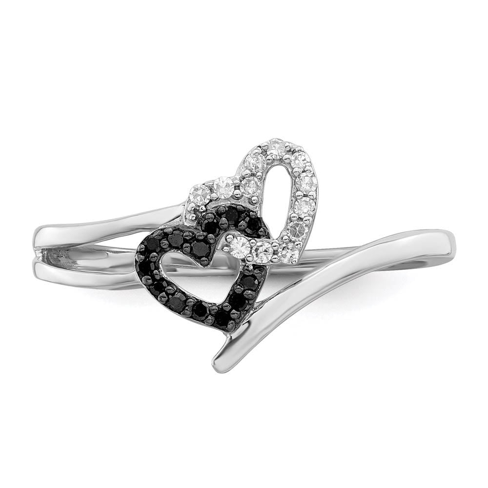 Alternate view of the White & Black Diamond Double Heart Ring in Sterling Silver Size 6 by The Black Bow Jewelry Co.