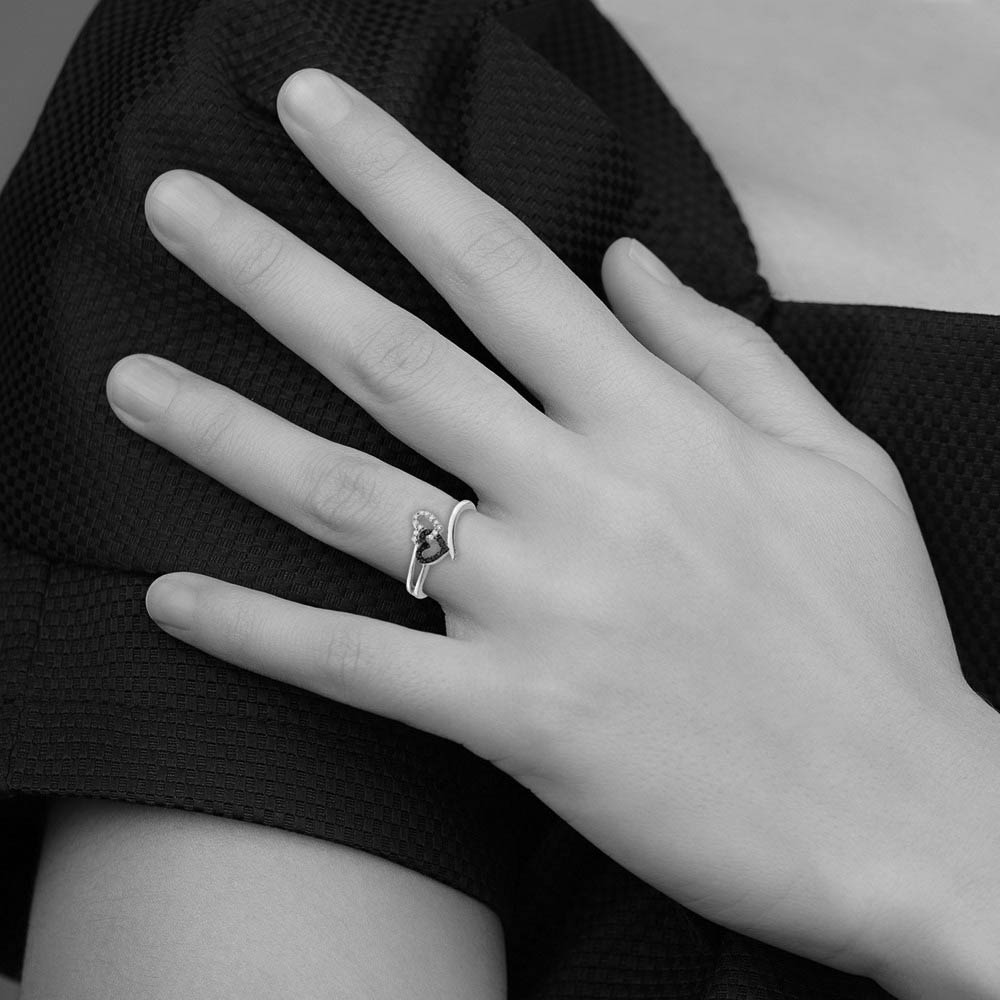 Alternate view of the White & Black Diamond Double Heart Ring in Sterling Silver Size 6 by The Black Bow Jewelry Co.