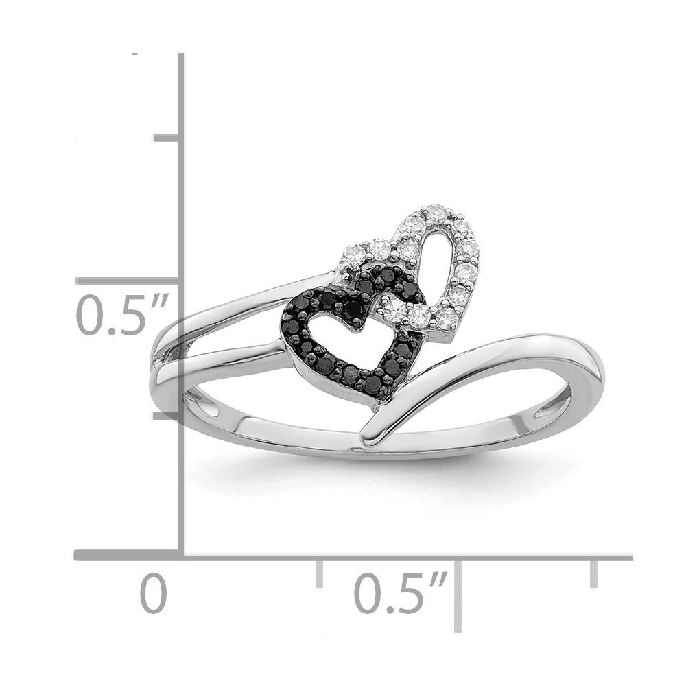 Alternate view of the 1/10 Ctw White & Black Diamond Double Heart Ring in Sterling Silver by The Black Bow Jewelry Co.