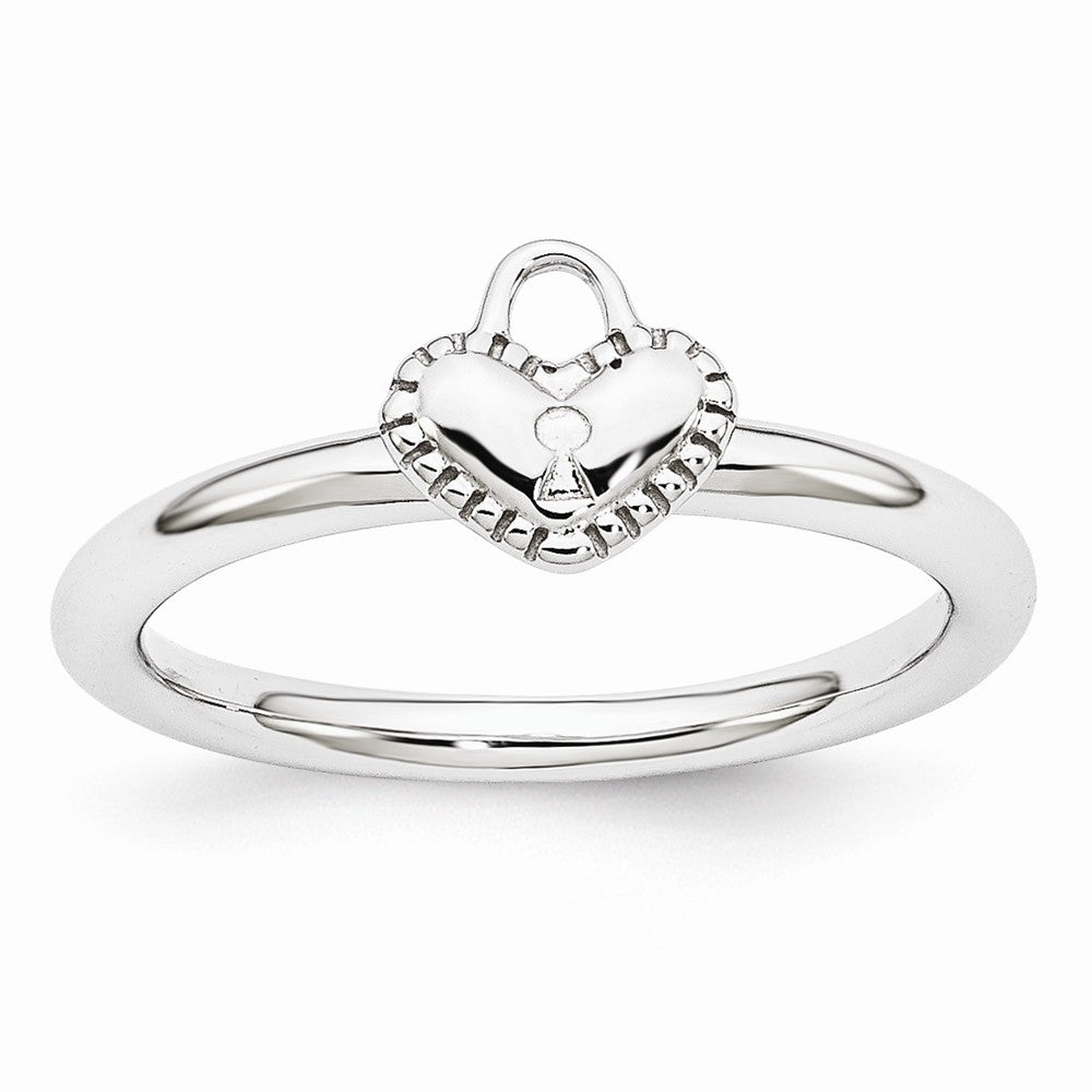 Rhodium Plated Sterling Silver Stackable 7mm Heart Padlock Ring, Item R10943 by The Black Bow Jewelry Co.