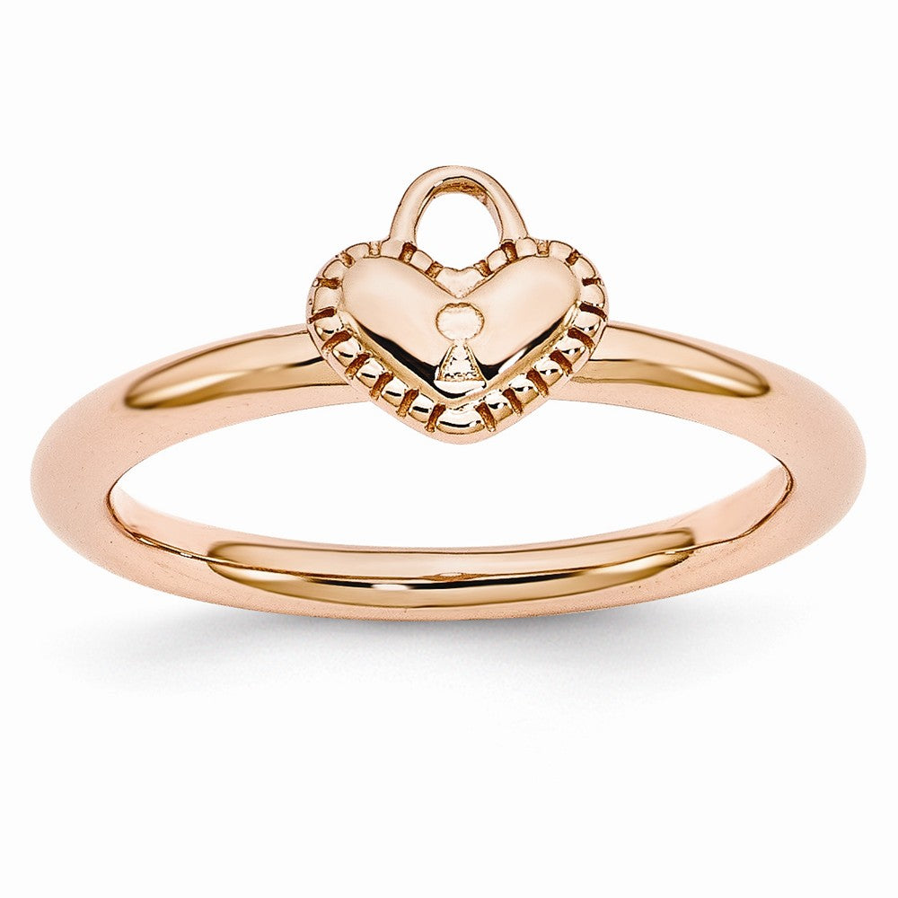 Rose Gold Tone Sterling Silver Stackable 7mm Heart Padlock Ring, Item R10944 by The Black Bow Jewelry Co.