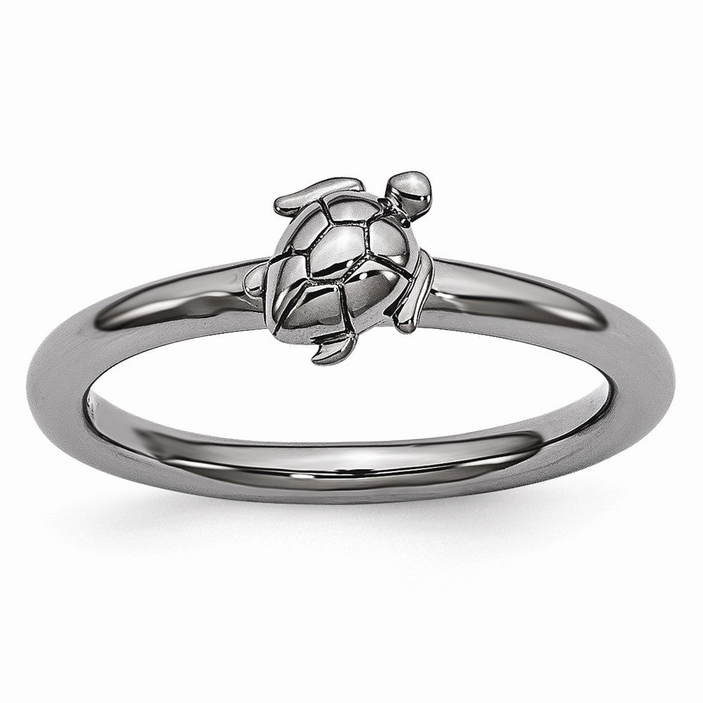 Black Plated Sterling Silver Stackable 8mm Sea Turtle Ring, Item R10946 by The Black Bow Jewelry Co.